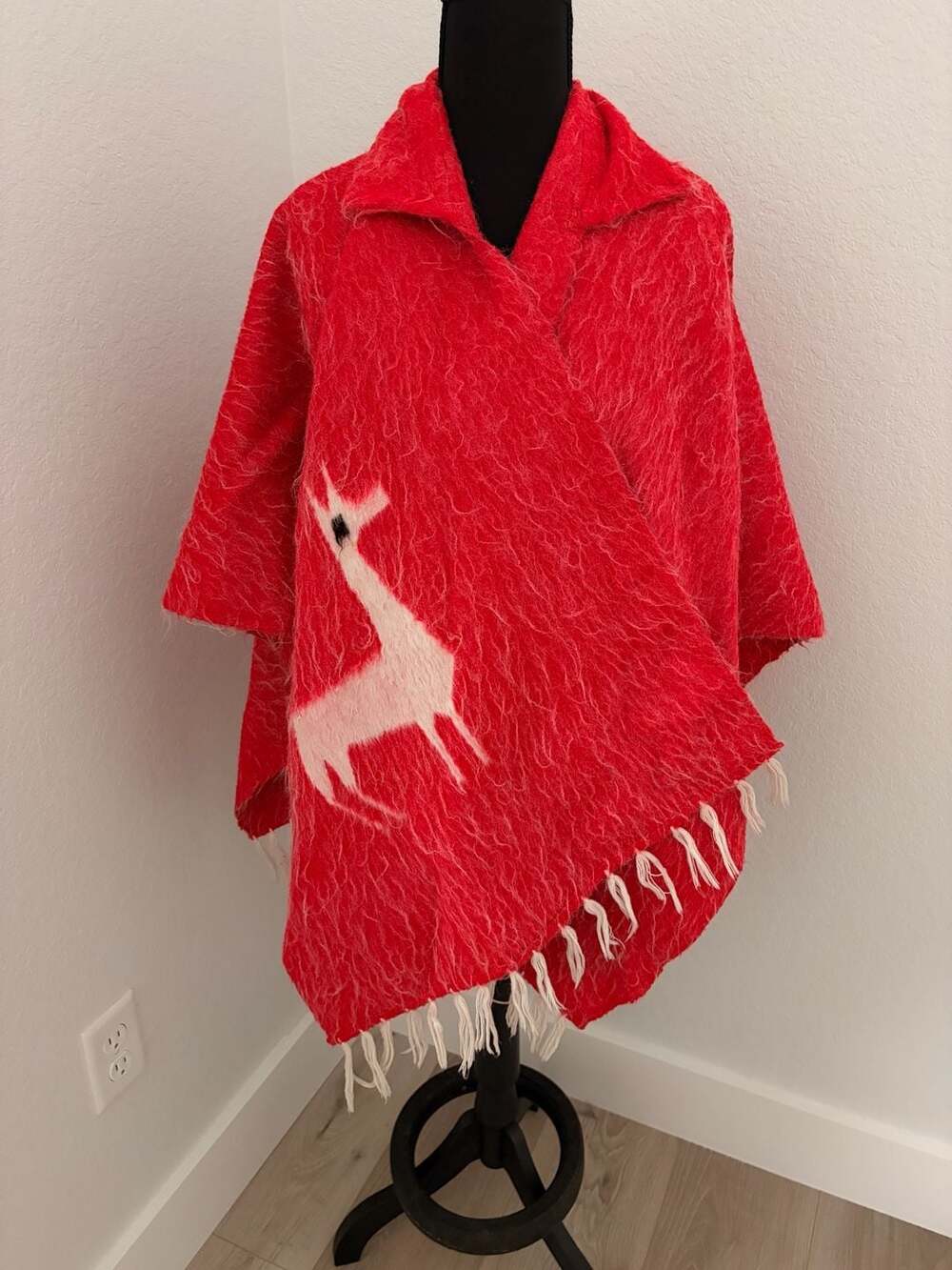 Vintage Red Llama Alpaca Wool Poncho Cape With Collar and Fringe